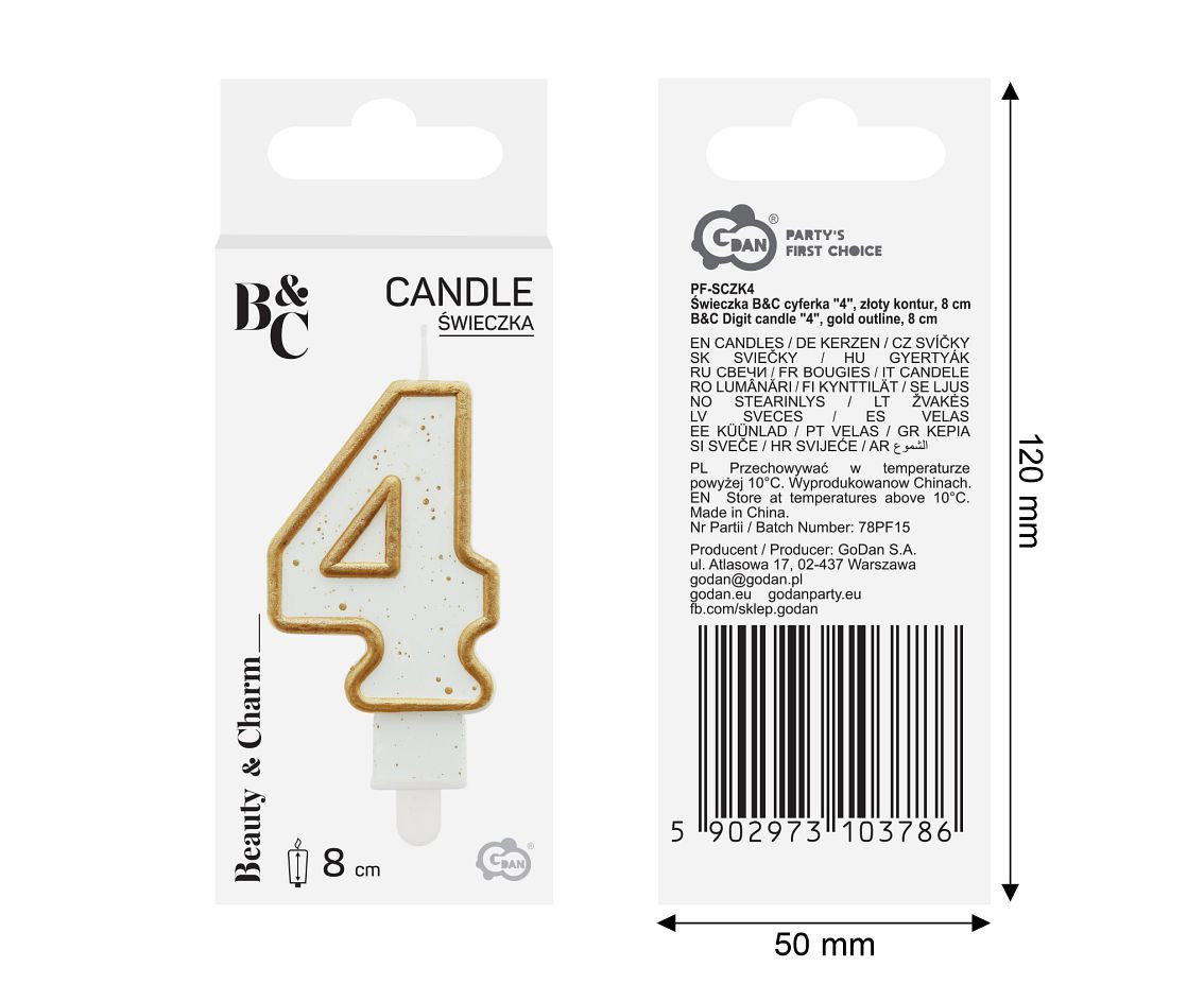 Digit candle "4", gold outline, 8 cm